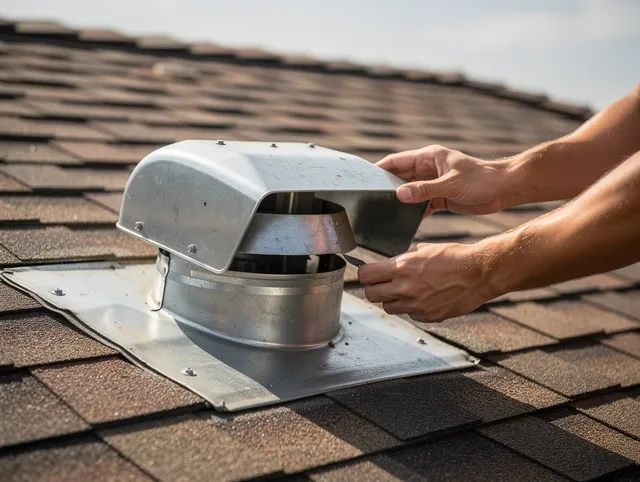 Marblehead Dryer Vent Cleaning certified technician safely cleaning a roof-mounted dryer vent in Marblehead