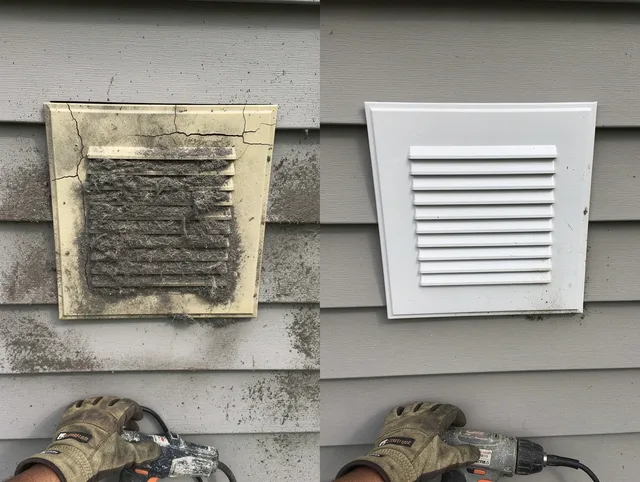 Marblehead Dryer Vent Cleaning technician installing high-quality dryer vent cover at a residential property in Marblehead