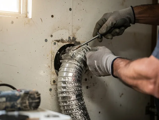 Marblehead Dryer Vent Cleaning technician performing precise dryer vent hose installation in Marblehead